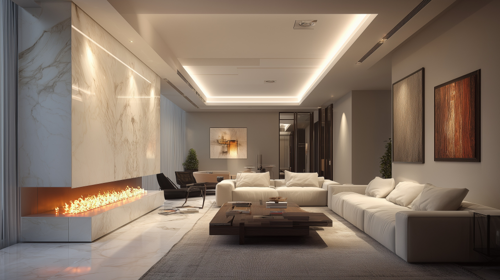 Modern luxury living room with white sofas, marble fireplace, recessed lighting, and minimalist decor.