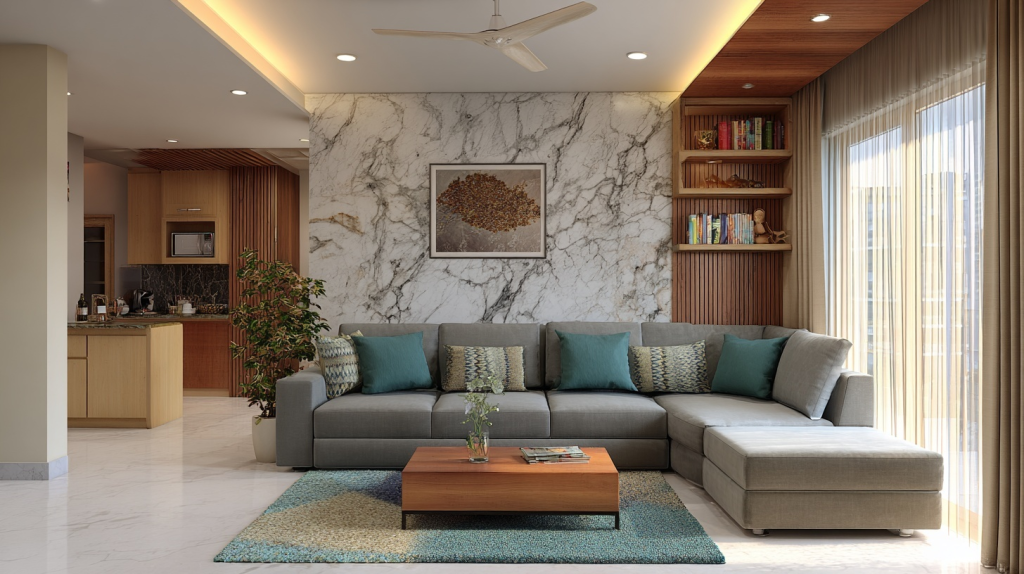 Modern living room with gray sectional sofa, marble accent wall, wooden shelving, and natural light.