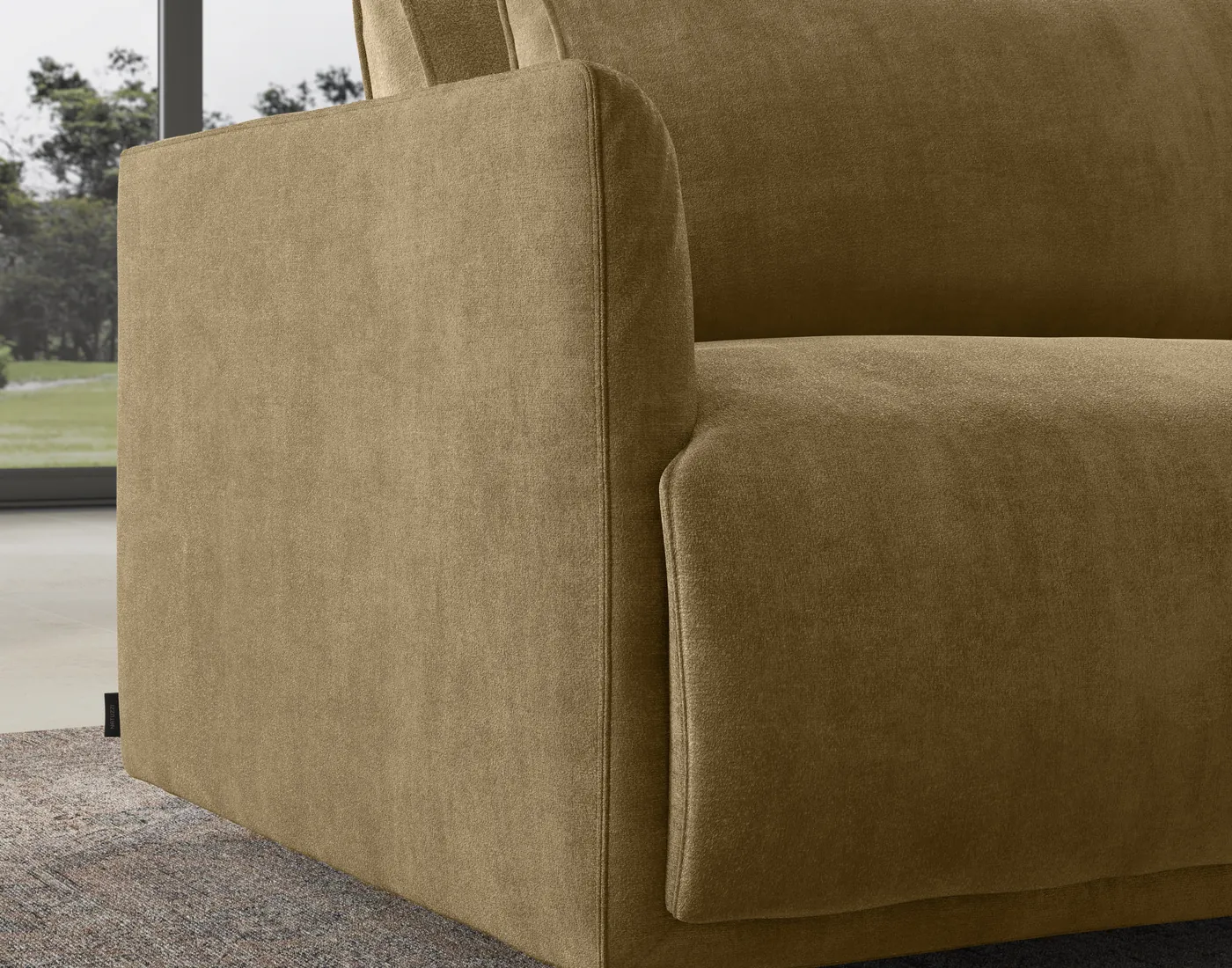 Natuzzi Italia Long Beach sofa armrest in soft ochre fabric
